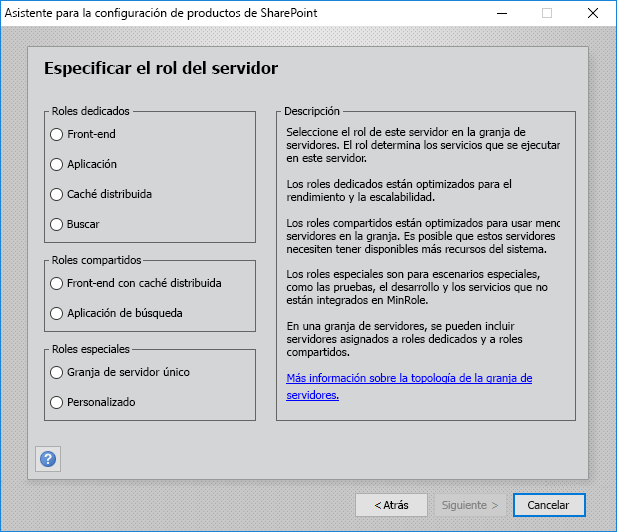 Muestra el cuadro de diálogo PSConfig con roles compartidos en SharePoint Server 2019