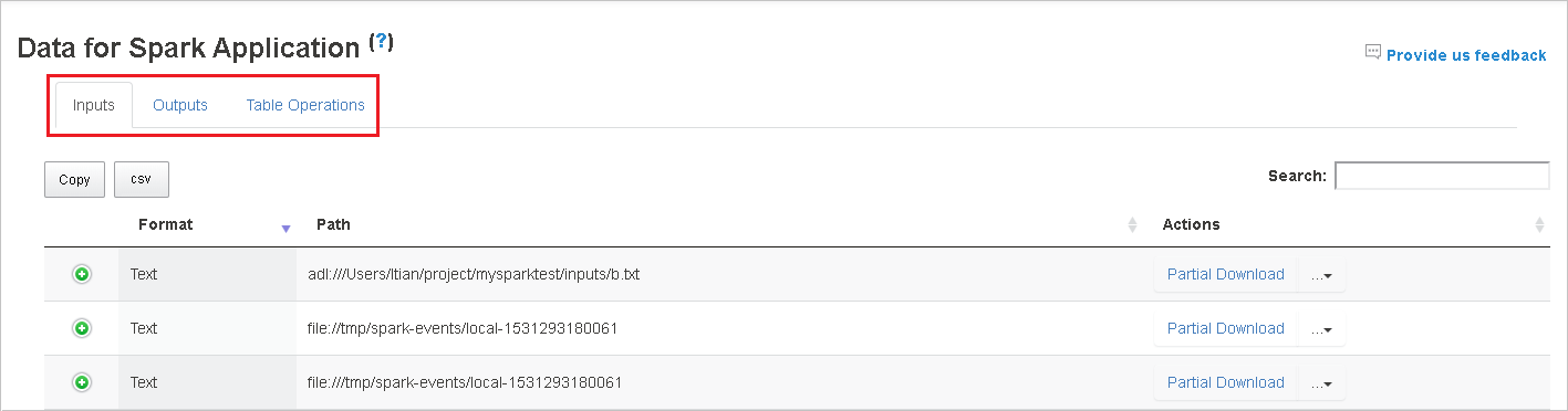 Pestañas de datos del servidor de historial de Spark