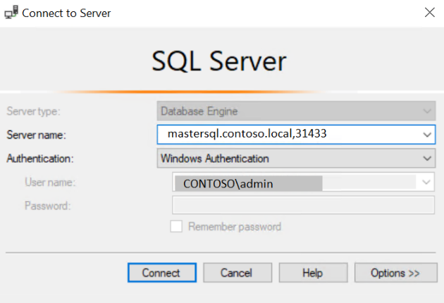 Cuadro de diálogo Conectar a SQL Server en SSMS