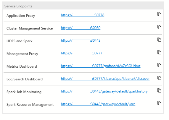 Captura de pantalla de Azure Data Studio en la que se muestran los puntos de conexión de servicio.