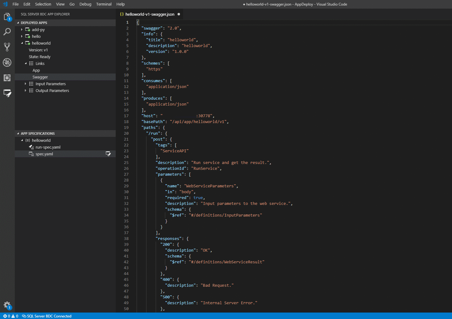 Captura de pantalla que muestra la UI de Visual Studio Code mostrando el archivo swagger.json.