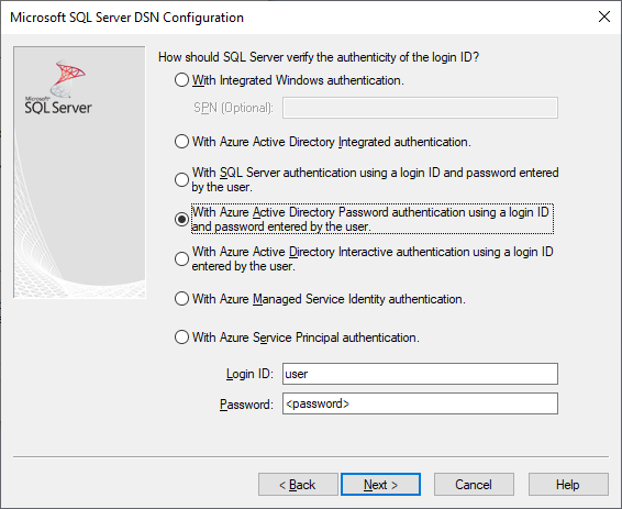 La pantalla de creación y edición de DSN con la autenticación de contraseña de Microsoft Entra seleccionada.