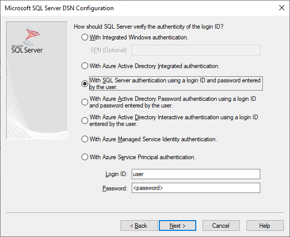 La pantalla de creación y edición de DSN con la autenticación de SQL Server seleccionada.