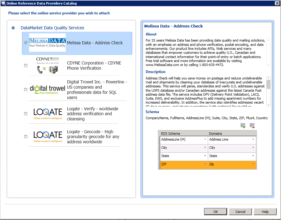 Cuadro de diálogo Catálogo de proveedores de datos de referencia en línea