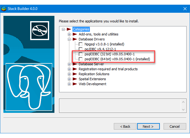 Captura de pantalla para Instalar ODBC de PostgreSQL con Stack Builder.