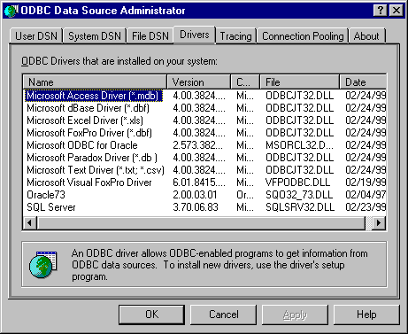 pestaña Controladores de administrador de orígenes de datos ODBC