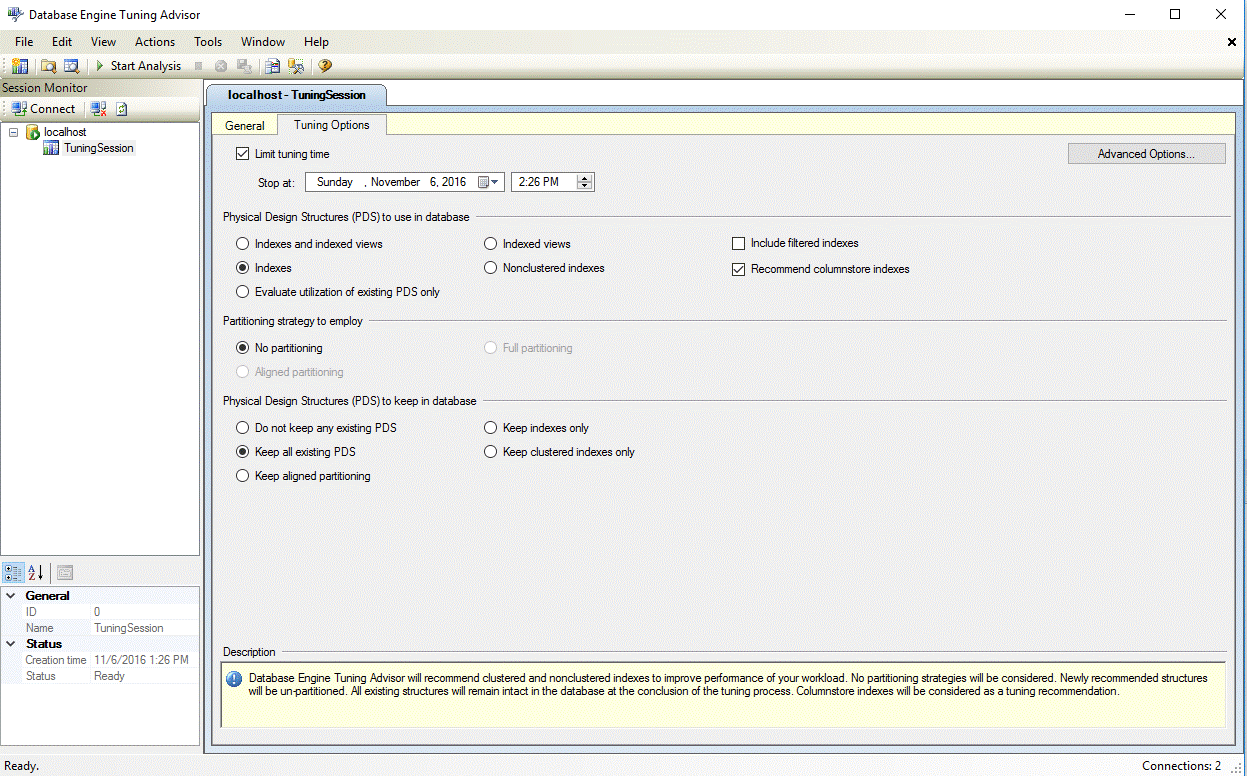 Opción de optimización de índices de almacén de columnas de DTA