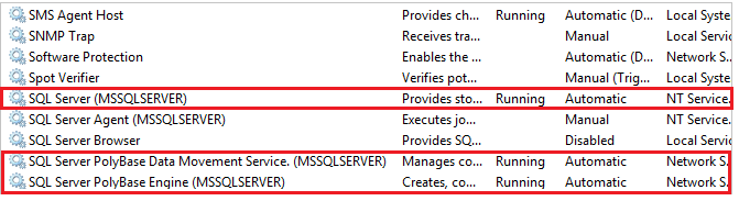 detener e iniciar servicios de PolyBase en services.msc