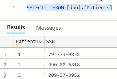 Captura de pantalla de la consulta SELECT * FROM [dbo].[Patients] y de los resultados de dicha consulta, que se muestran como valores de texto sin formato.