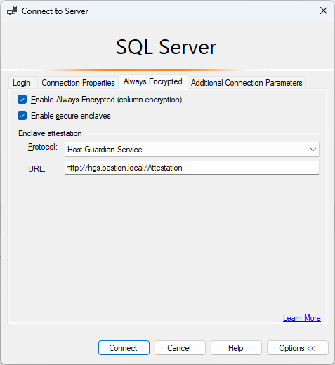 Captura de pantalla de la pestaña Conectar al servidor Always Encrypted con atestación mediante SSMS.