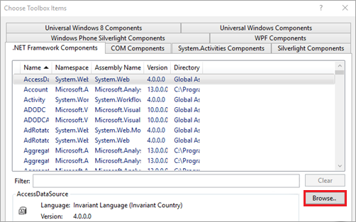 Captura de pantalla de Visual Studio en la que se resalta el botón Examinar en el cuadro de diálogo Componentes de .NET Framework.