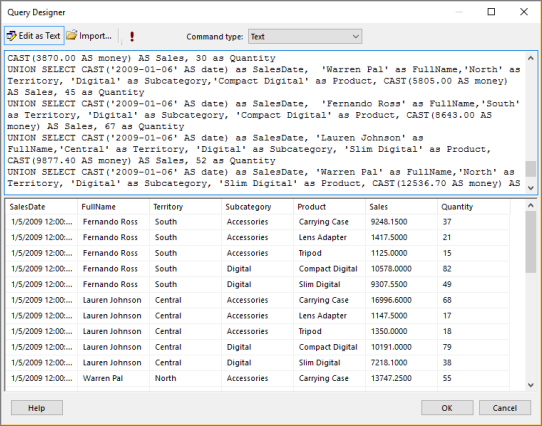 Captura de pantalla del Diseñador de consultas en la que se muestran los datos que están disponibles para mostrarse en el informe de forma libre de Report Builder.