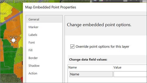 Captura de pantalla que muestra la sección Cambiar las opciones de punto incrustado del cuadro de diálogo Propiedades de punto incrustado de mapa.