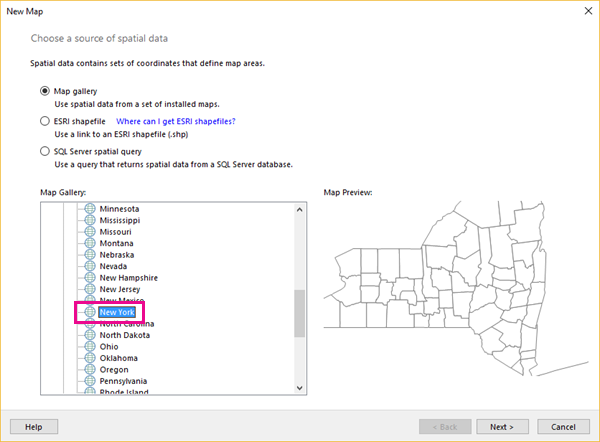 Captura de pantalla que muestra el paso Elegir un origen de datos espaciales del asistente Nuevo mapa con Nueva York destacado en la sección Galería de mapas.