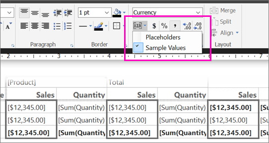 Captura de pantalla de la opción Valores de ejemplo de Report Builder.