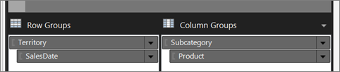 Captura de pantalla en la que se muestran grupos de filas y de columnas de Report Builder.