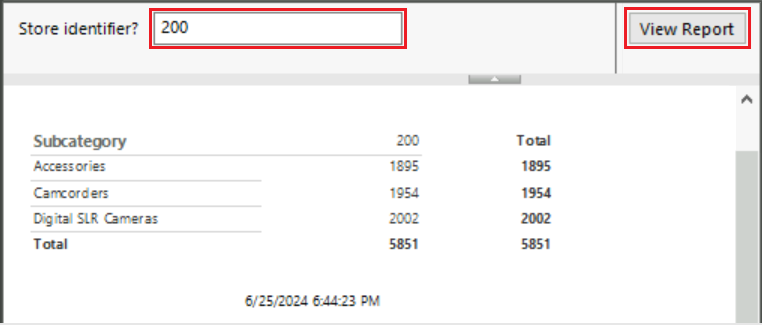 Captura de pantalla de la vista previa del informe cuando se escribe el StoreID 200 en la pregunta ¿Identificador del almacén?.