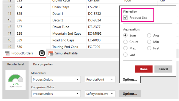 Captura de pantalla de las opciones de Valor principal expandidas con la opción de filtrar por lista de producto seleccionada.