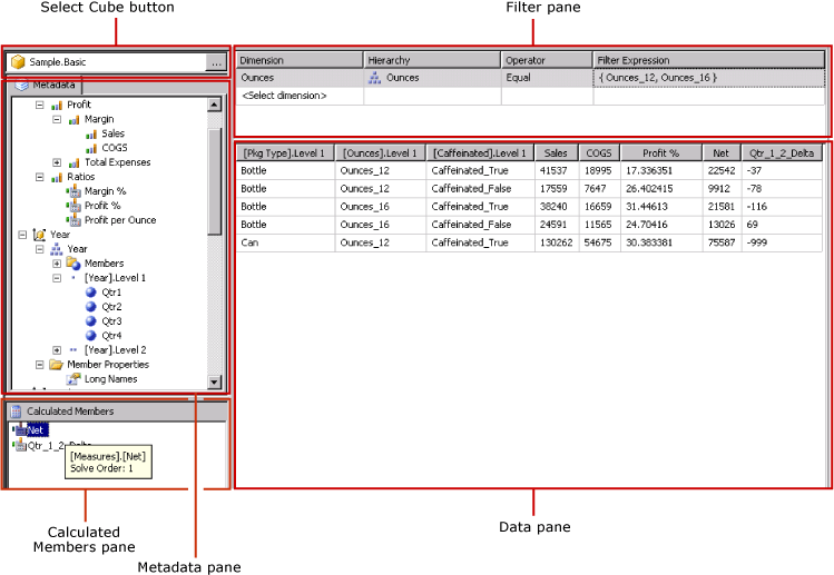 Diseñador de consultas para el origen de datos de Hyperion Essbase