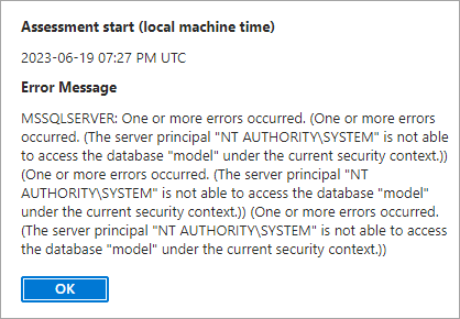 Instantánea en la que aparece un mensaje de error que indica que la entidad de seguridad del servidor no puede acceder a la base de datos.