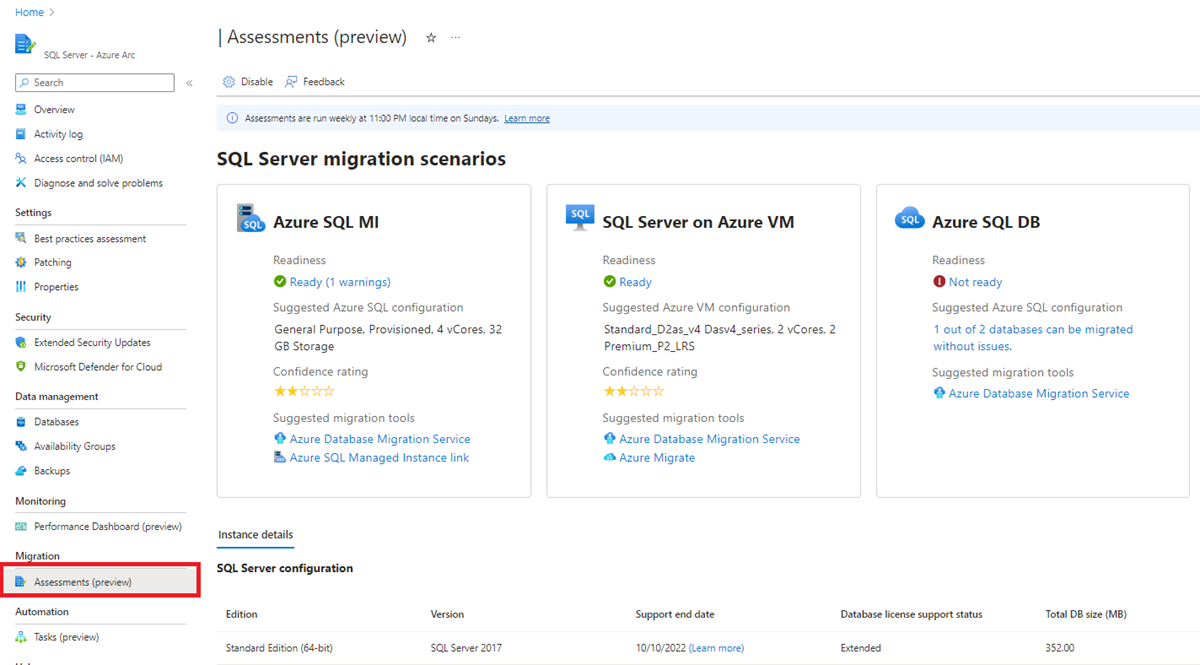 Captura de pantalla que muestra cómo llegar al informe de evaluación de la migración de SQL Server a un recurso de SQL Server.