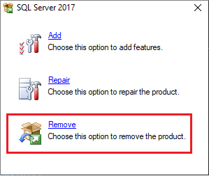 Captura de pantalla que muestra cómo quitar SQL Server.