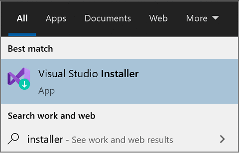 Captura de pantalla del Instalador de Visual Studio en el menú Inicio de Windows para 2017.