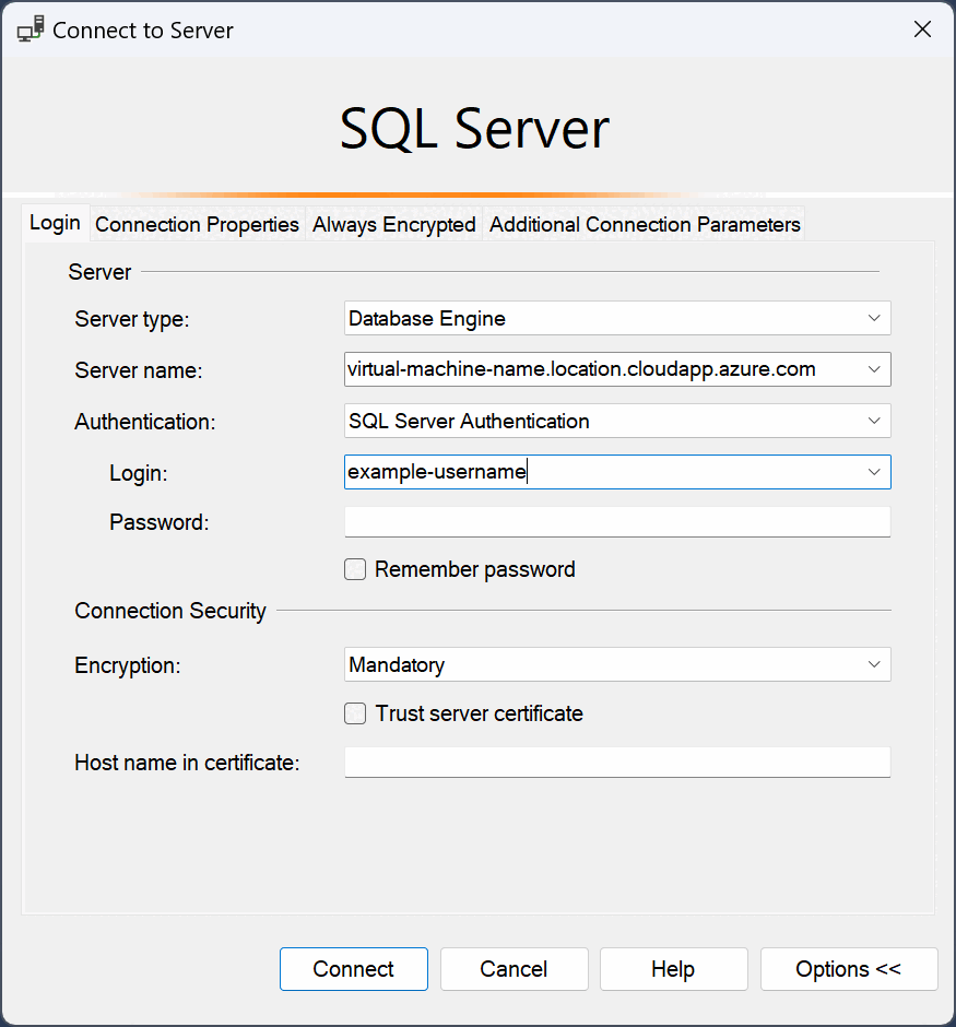 Captura de pantalla del cuadro de diálogo de conexión de máquinas virtuales de SQL.