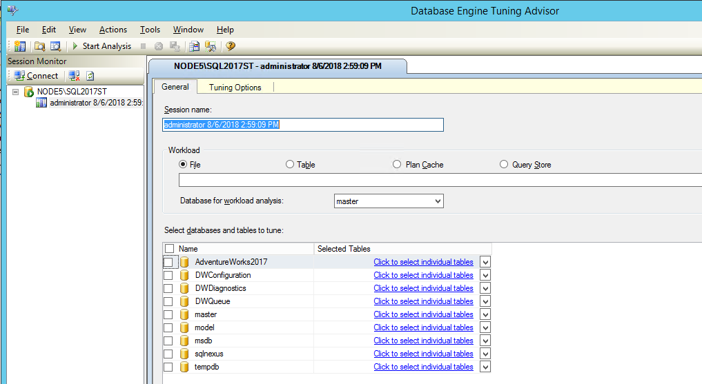 Ventana predeterminada del Asistente para la optimización del motor de base de datos