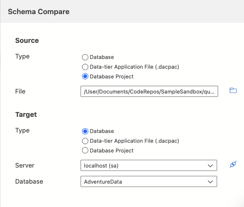 Captura de pantalla del cuadro de diálogo de selección del origen de la comparación de esquemas en Azure Data Studio.