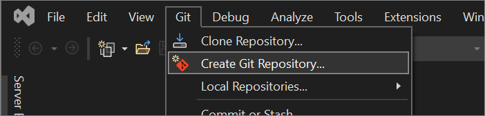 Captura de pantalla de la opción Crear un repositorio GIT en el menú Git de Visual Studio