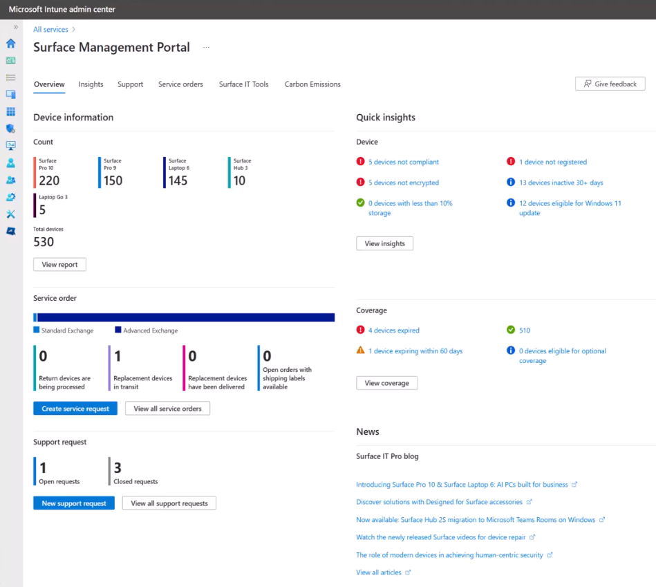 Captura de pantalla del Portal de administración de Microsoft Surface.