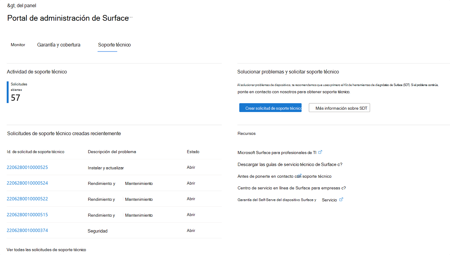 Captura de pantalla que muestra dónde enviar una nueva solicitud de soporte técnico en el Portal de administración de Surface.