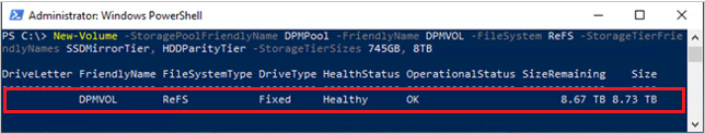 Captura de pantalla del cmdlet de creación de un volumen.