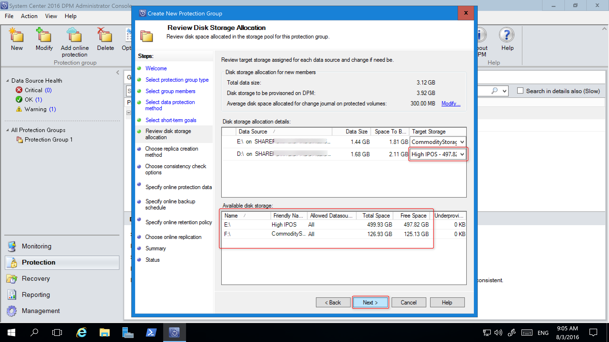 Captura de pantalla que muestra cómo revisar la asignación de Disk Storage.