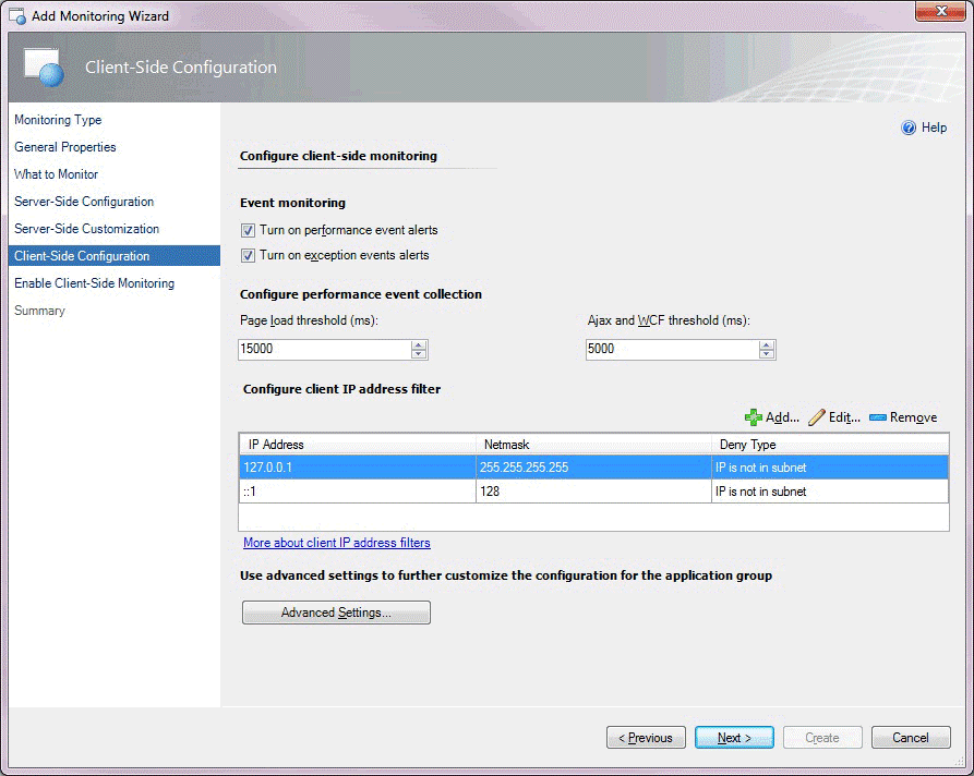 Captura de pantalla de la configuración del lado del cliente.