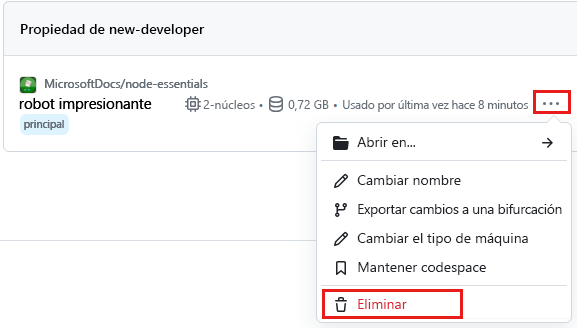 Captura de pantalla del menú contextual de un solo codespace con la opción para eliminar resaltada.