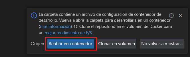 Captura de pantalla de una notificación del sistema para volver a abrir la carpeta actual en el contexto de un contenedor de desarrollo.