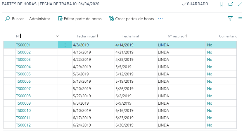 Captura de pantalla de la página Partes de horas en Business Central