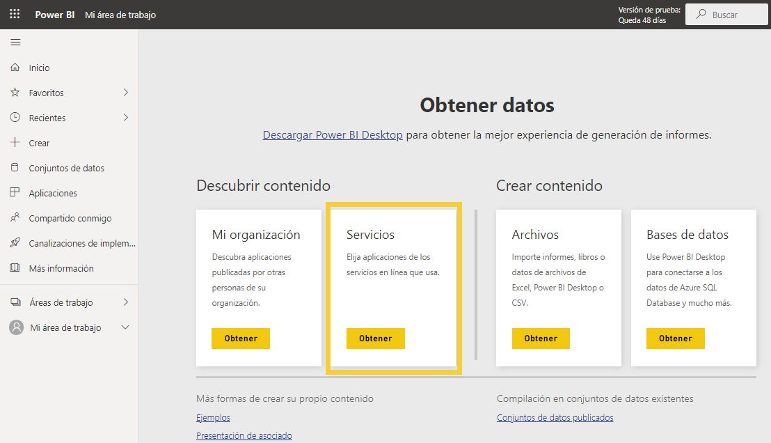 Captura de pantalla de Obtener servicios de Power BI.