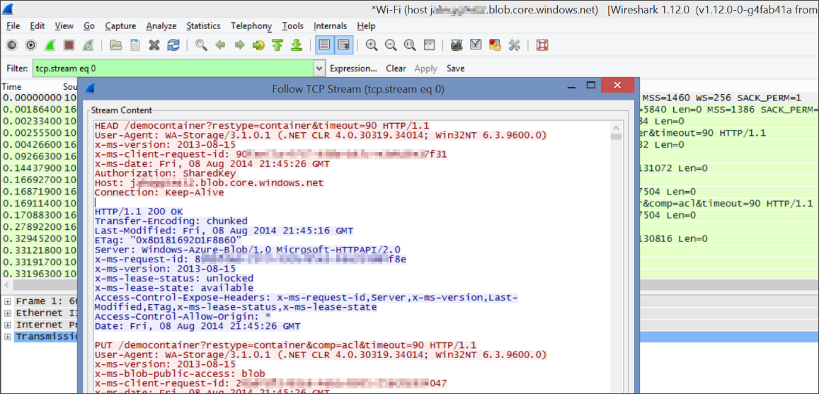 Captura de pantalla que muestra cómo ver los datos del TCP a medida que los ve la capa de aplicación.