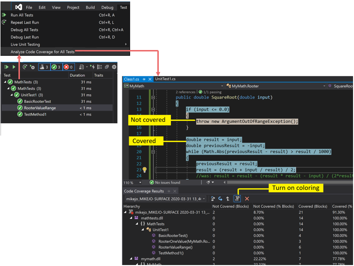 Captura de pantalla que muestra los resultados de cobertura de código con coloreado.