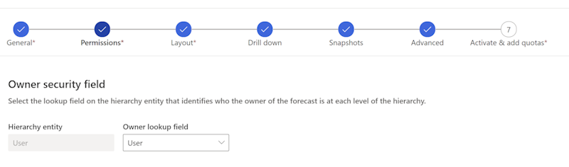 Captura de pantalla que muestra el paso Permisos de la configuración de previsión.