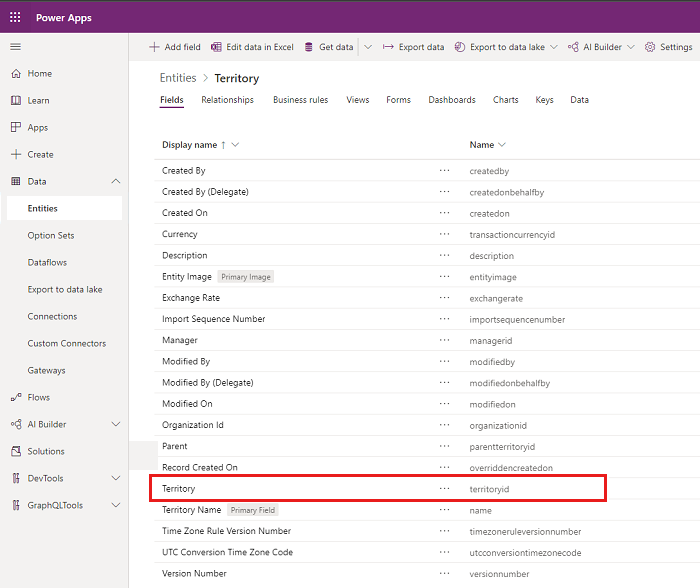 Seleccione la entidad territory en Power Apps.