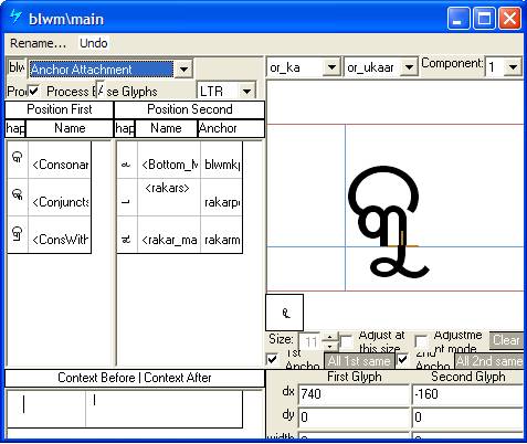 Screenshot that shows a dialog in Microsoft VOLT for specifying positioning adjustments. Anchor attachment is selected as the lookup type. A mark glyph is shown positioned below a base glyph using an anchor point.