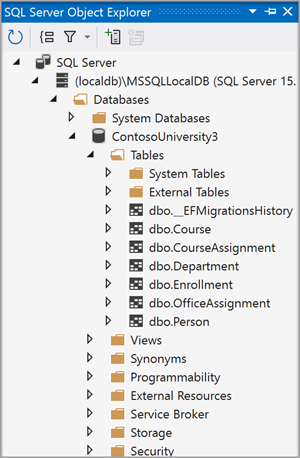 Captura de pantalla que muestra el Explorador de objetos de SQL Server.