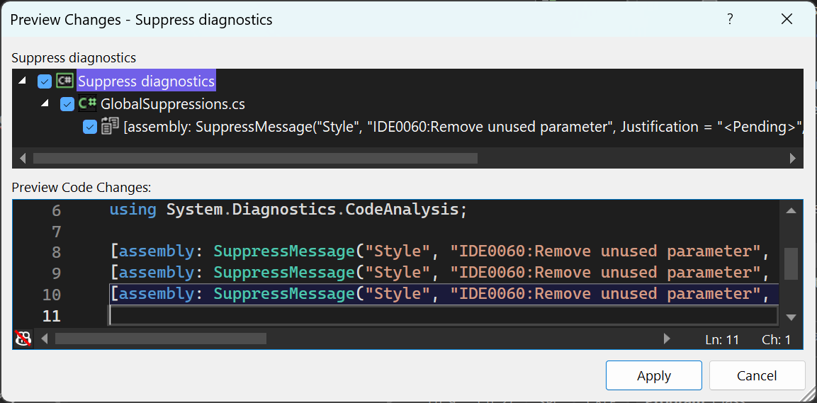 Captura de pantalla que muestra el cuadro de diálogo “Vista previa de los cambios” con un atributo SuppressMessageAttribute en el archivo de supresión.