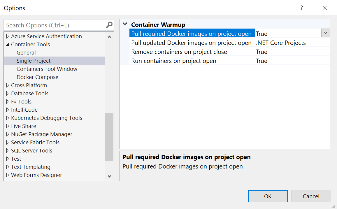 Opciones de las herramientas de contenedor de Visual Studio que muestran: Terminar contenedores al cerrar el proyecto, Extraer las imágenes de Docker necesarias al abrir el proyecto y Ejecutar contenedores al abrir el proyecto.