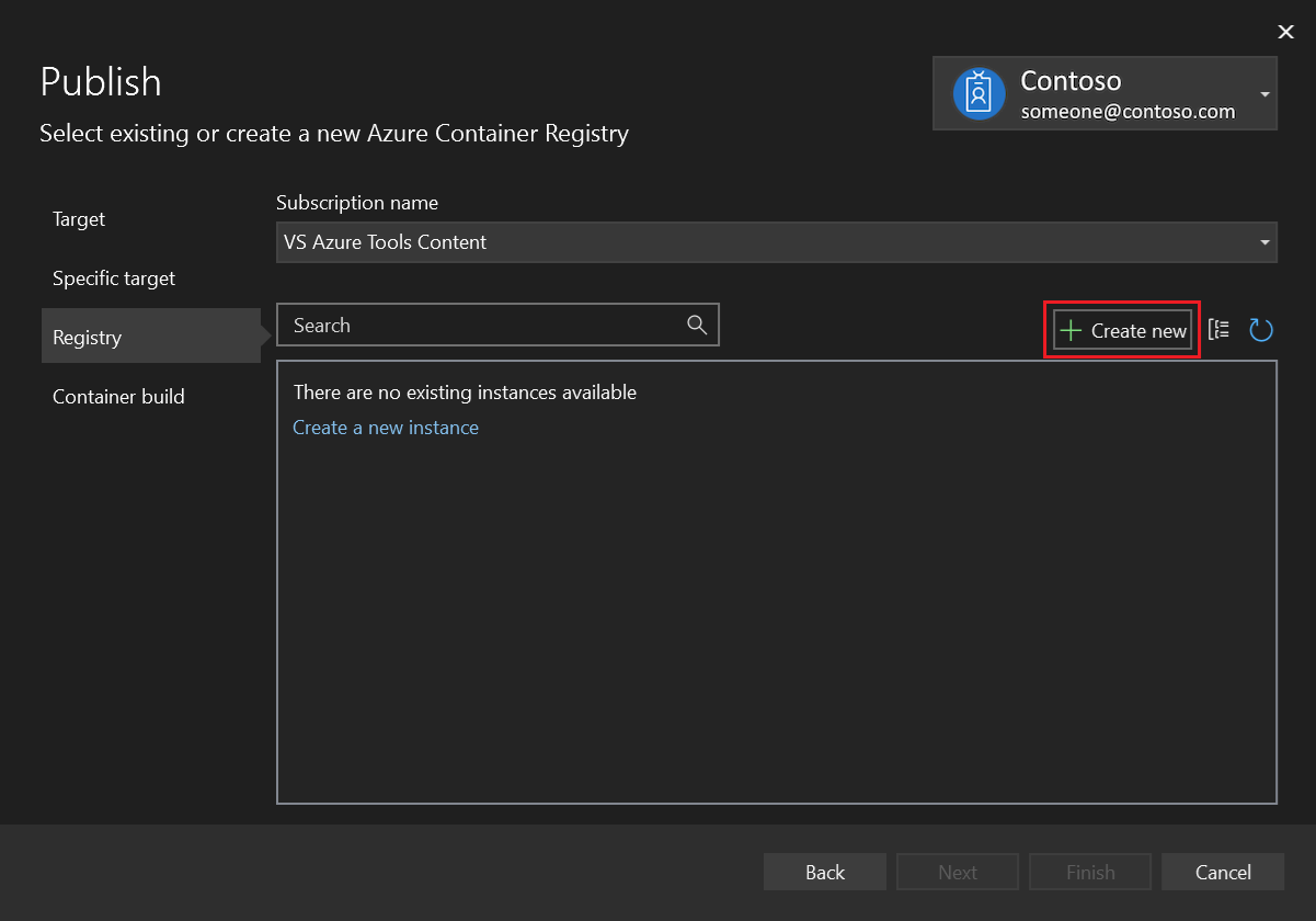 Captura de pantalla del cuadro de diálogo Publicar que muestra cómo seleccionar Crear una instancia de Azure Container Registry.