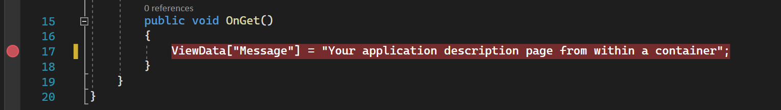 Captura de pantalla que muestra parte del código de Index.cshtml.cs en Visual Studio con un punto de interrupción establecido a la izquierda de una línea de código que está resaltada en amarillo.